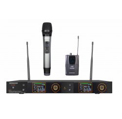 Double UHF set with 1 hand microphone and 1 lapel microphone
