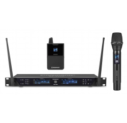 Sistema microfonico wireless UHF con ricevitore a doppio canale, 1 microfono a mano e 1 microfono a bavero