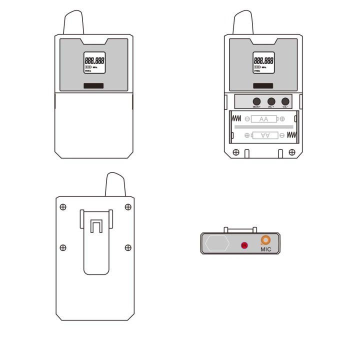 Transmitter housing with lapel microphone compatible with receiver BE-1020