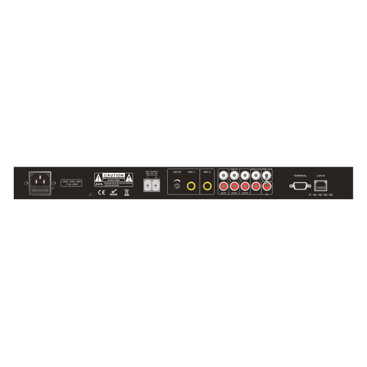 Wall-mounted amplifier with an IP 60 W network adapter