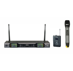 Doppio ricevitore con 1 microfono a mano wireless e 1 microfono lavalier