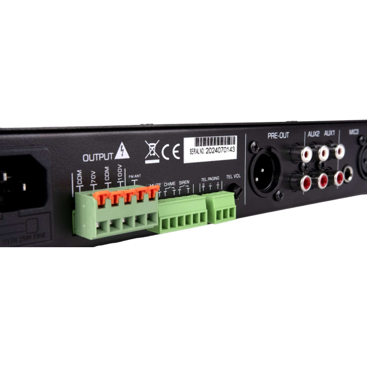 AM-240D Amplificateur mélangeur multimédia 240W en 100V - 19" 1U - Face arrière inclinée