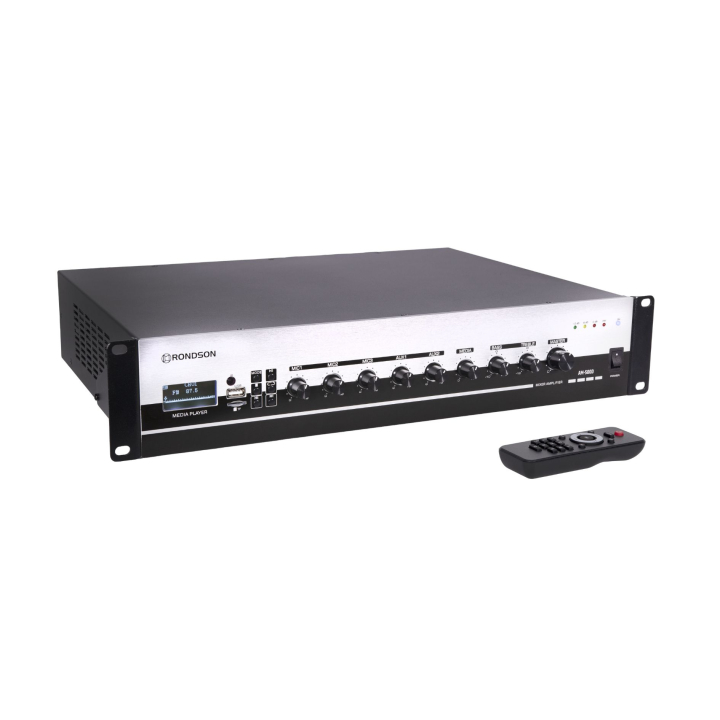 AM-500D - Amplificateur mélangeur multimédia 500W en 100V - Face avant et télécommande