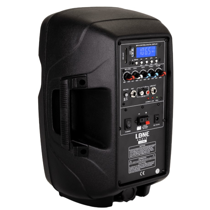 LA-08A - Enceinte amplifiée portable 120W avec 2 micro UHF - USB/SD/MP3/BLUETOOTH - Face arrière de coter