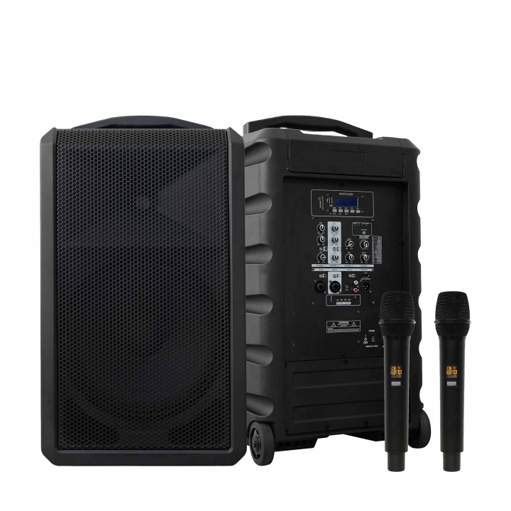 130 W powered speaker with 2 UHF microphones and USB / SD / MP3 / BLUETOOTH