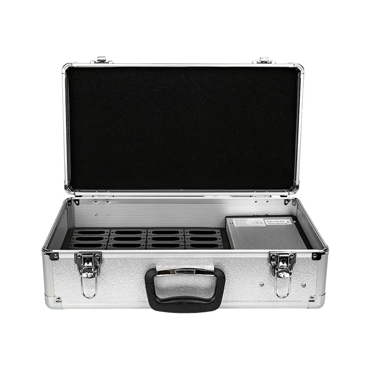 30-compartment transport and storage case for audio guides