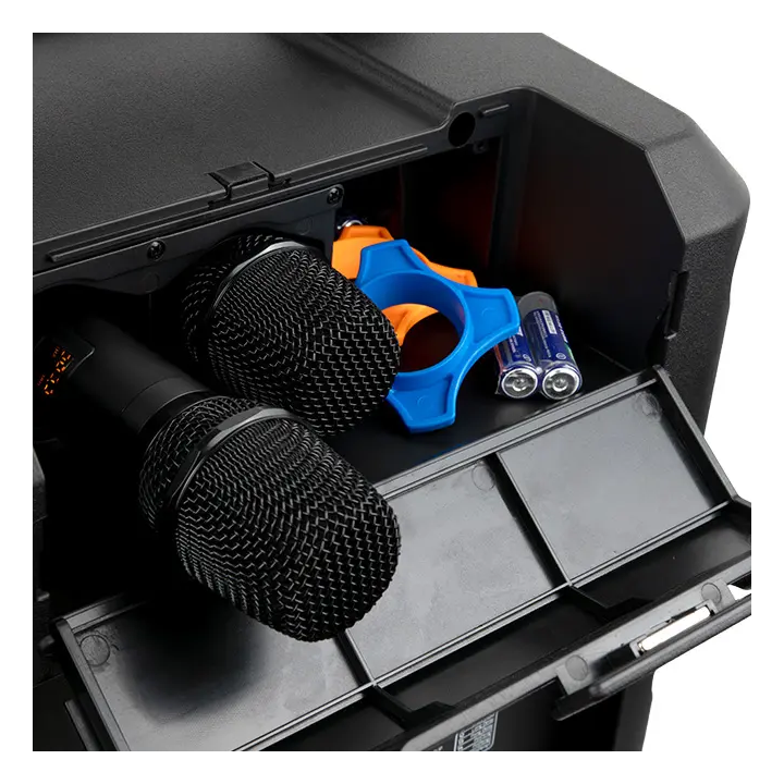 Altavoz portátil amplificado de 200 W con dos micrófonos inalámbricos