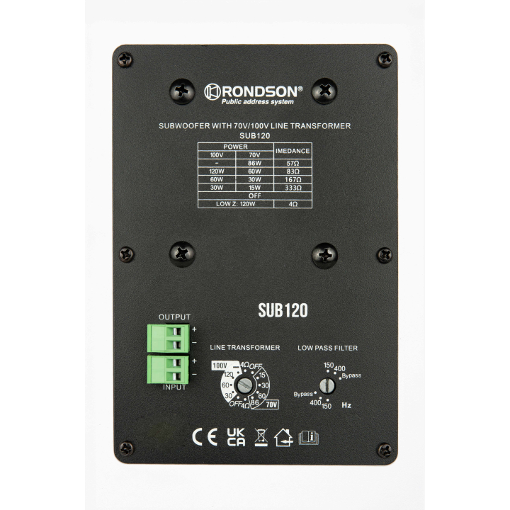 SUB120BL connectique subwoofer 100v et 8 ohms